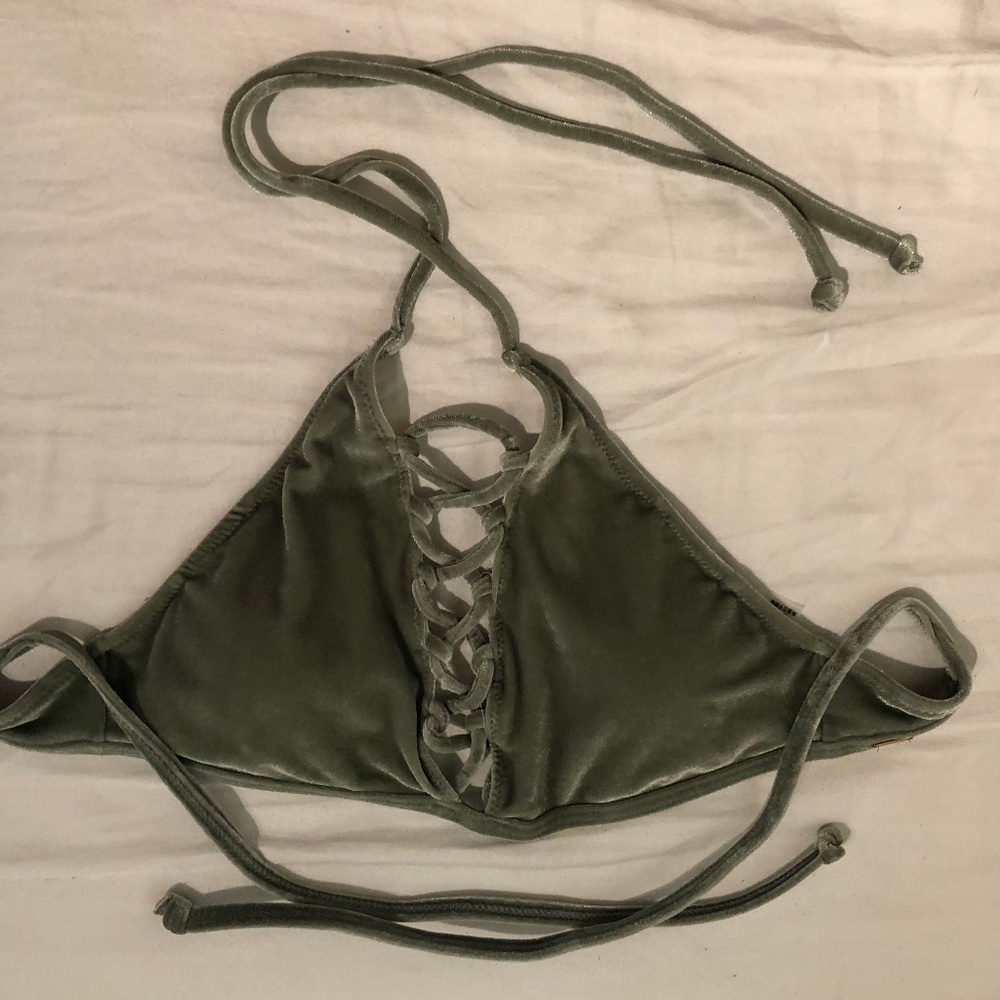 PINK olive green velvet halter bikini top